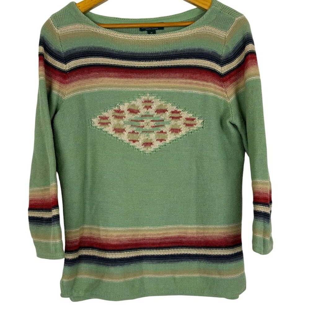 LRL Southwestern Aztec Knit Pullover Sweater Medium Green Striped Cotton Linen